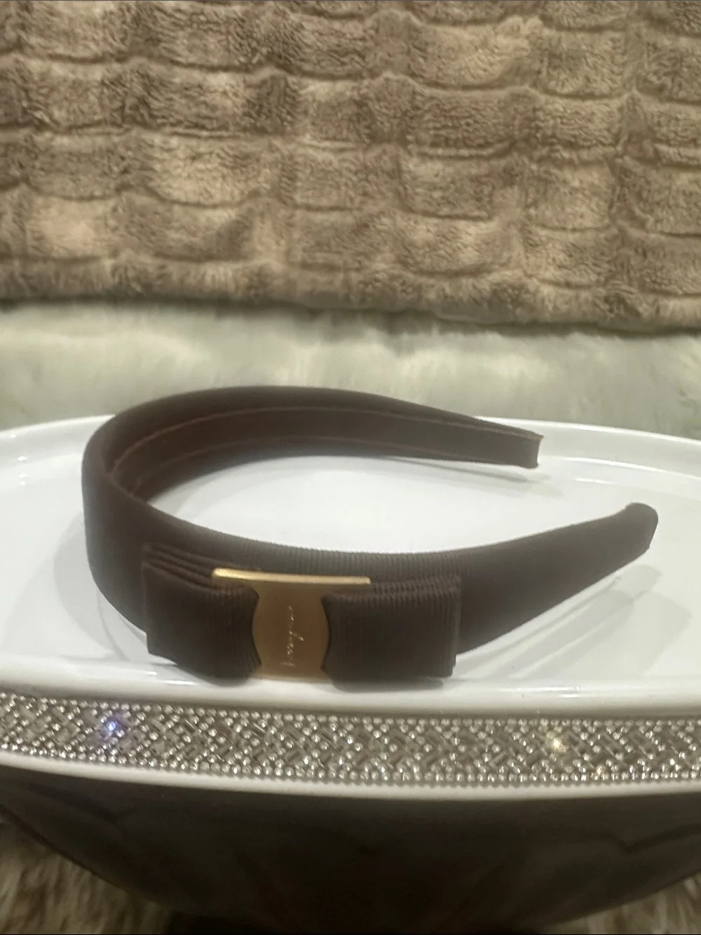 SALVATORE FERRAGAMO Brown Grosgrain Bow Headband with Gold FERRAGAMO Plaque